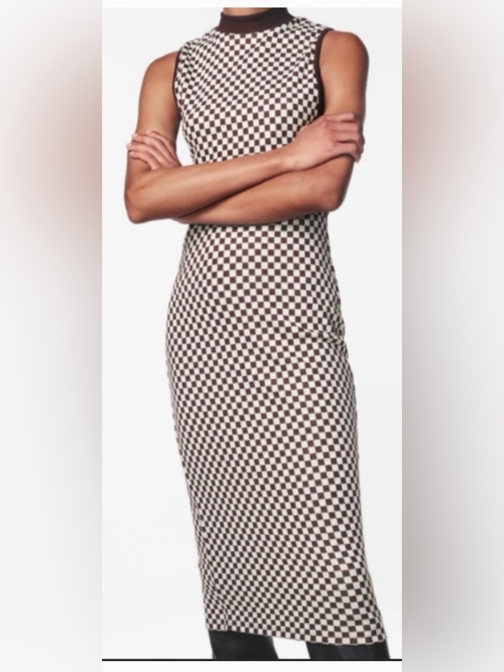 Zara Brown & cream Checkerboard Midi Dress NWT